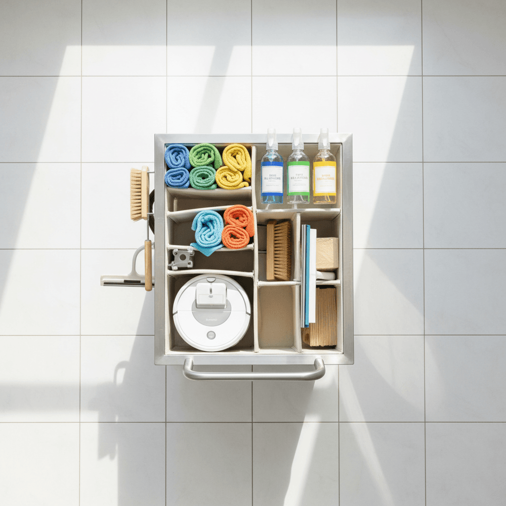 Overhead view of professional cleaning cart stocked with organized color-coded microfiber cloths and cleaning products