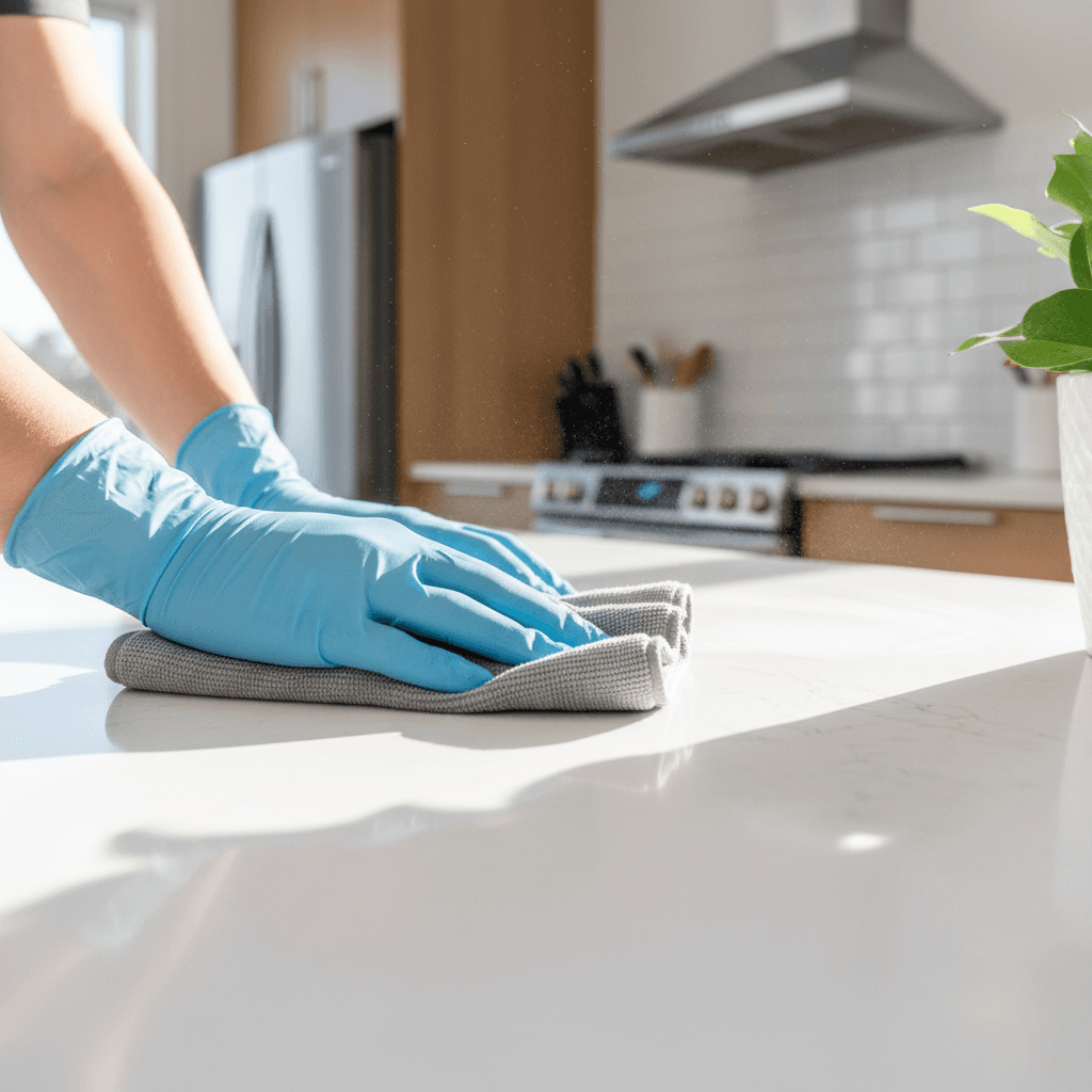 Cleaner's gloved hands wiping bright kitchen countertop with microfiber cloth in natural morning light